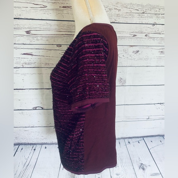 Women’s Large Blouse Ann Taylor Loft Short Sleeves Sequins Fringe Dark Fuchsia - Picture 9 of 11